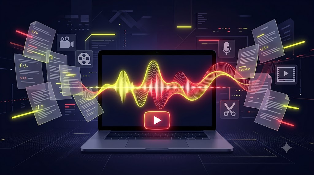 AI destekli faceless YouTube üretim sistemini temsil eden soyut illüstrasyon, karanlık arka plan üzerinde sarı ve kırmızı vurgularla