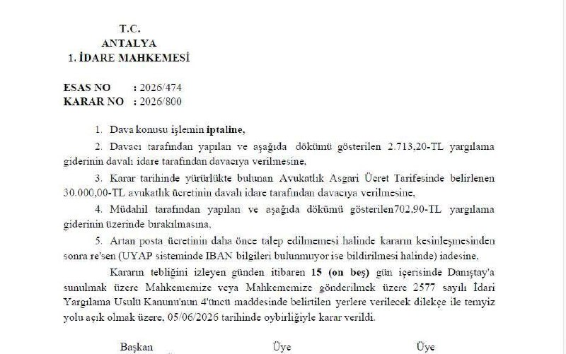 Antalya 1. İdare Mahkemesi'nin 5 Haziran 2026 tarihli kararı