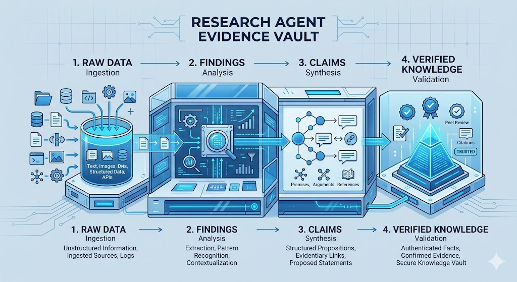 Research Agent Evidence Vault - Kanıt kasası illüstrasyonu