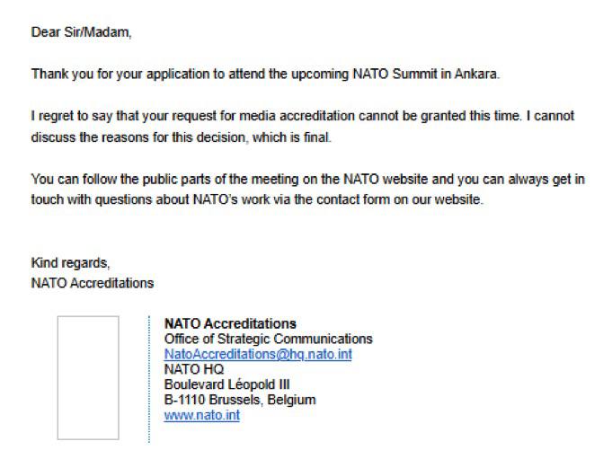 NATO'nun akreditasyon reddine ilişkin e-postası