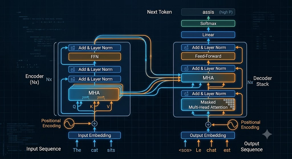 Transformer sinir ağı mimarisinin animasyonlu draw.io diyagramı