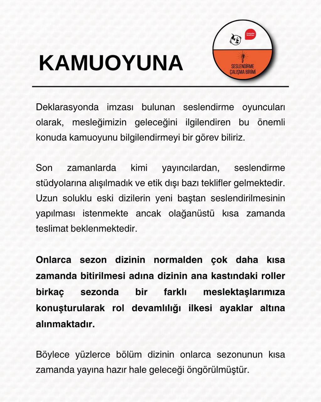 Seslendirme oyuncularının rol devamlılığı deklarasyonu metin sayfası