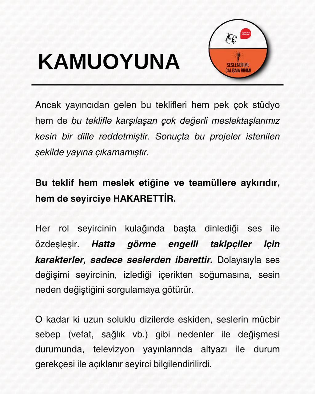 Seslendirme oyuncuları deklarasyonunun devam sayfası