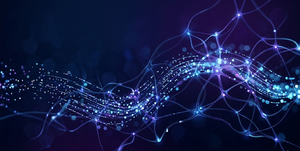 Lokal LLM token akışını gösteren soyut sinir ağı illüstrasyonu