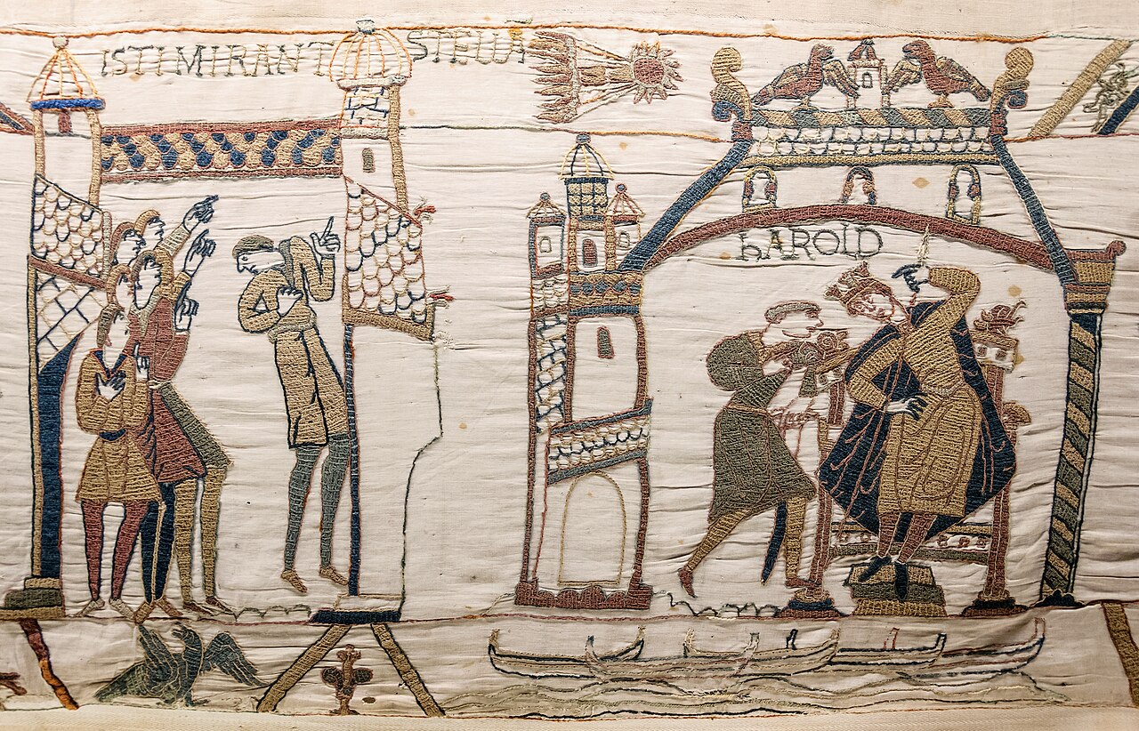 Bayeux Tapestry'den Halley kuyruklu yıldızını izleyenler ve Harold'ın taç giyme sahnesi